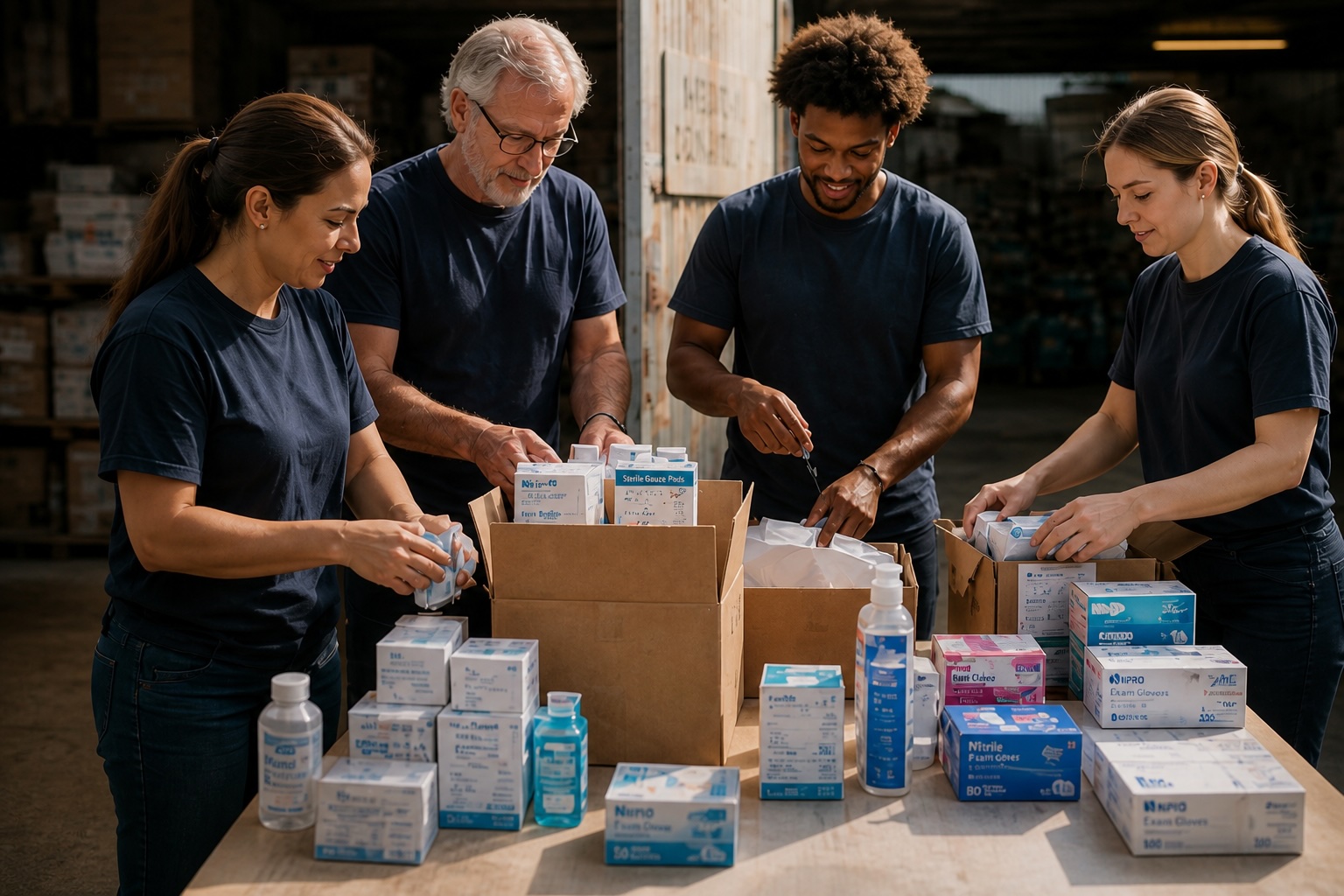 Volunteers carrying medicine donation boxes